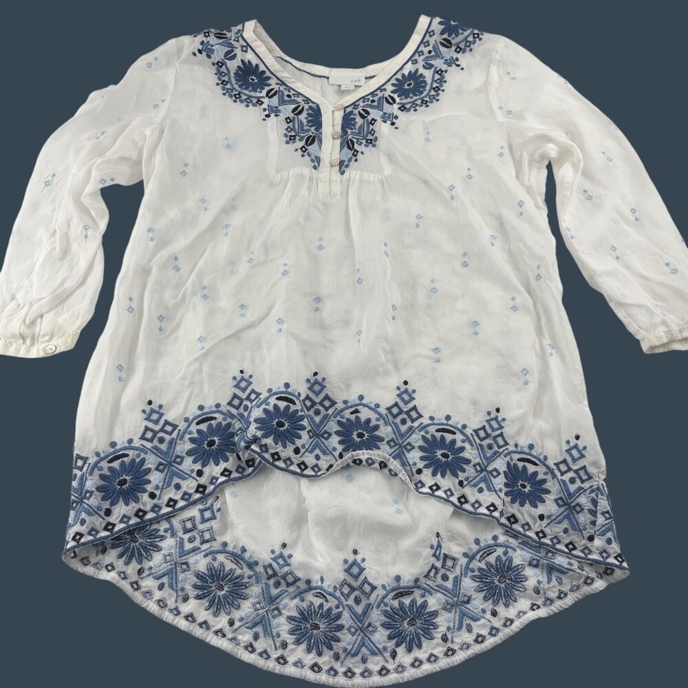 J.Jill‎ Womens White & Blue Embroidered Tunic Top XS Boho Blouse